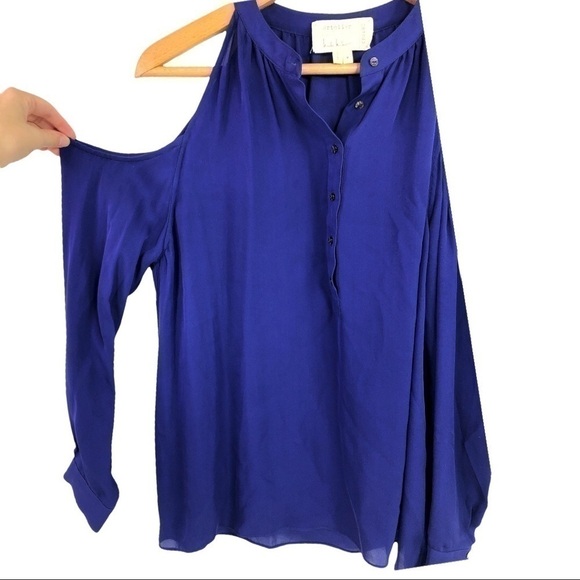 Artelier, Nicole Miller - Silk, Cold Shoulder Button Down, NAVY BLUE - Picture 2 of 7